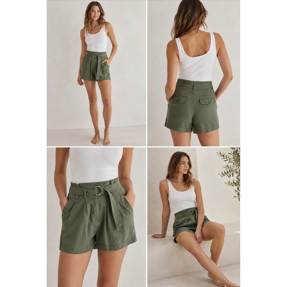 Kookai Olive Green High Waisted Belted Utility Shorts Pleated Cargo Safari XS/34